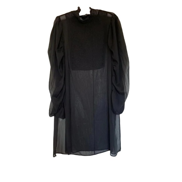 Zara Black Sheer Smocked High Neck Smocked Front Panel Ruched Sleeve Dress - Picture 2 of 14